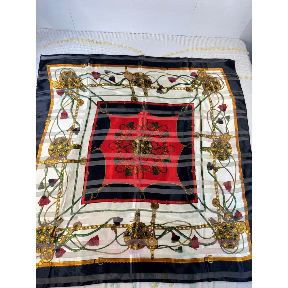 Vintage Equestrian Chain Print Square Scarf Red Black Gold Tassel Sheer Stripe